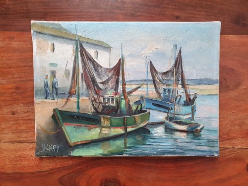 Harbour View Brittany René Huchet oil painting Uchay Fishing boat Croisic Marina - Picture 3 of 9