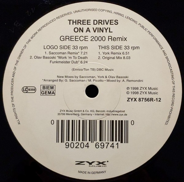 Three Drives - Greece 2000 - ZYX Records - Classic 1998 Trance Euro Import 12""