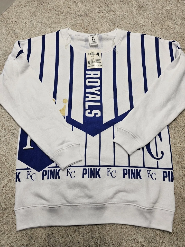 Kansas City Royals MLB Pink By Victoria Secret Women's White Striped Sweat Shirt - Image 2 of 4