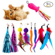 9 Pack Colorful Feather Cat Toy Set  Interactive Wand Stick Tassel Fishing Rod
