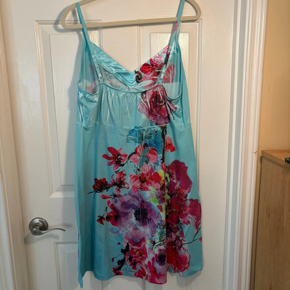 OneWorld Sleep Nightgown XL Aqua Blue Floral Print Slip Dress Pajama Chemise - Imagem 2 de 4