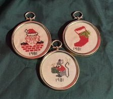 3 Vintage Handmade Completed “1981” Cross Stitch Christmas Ornaments RoundFrames