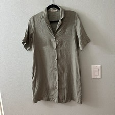 Everlane 100% Linen Green Shirt Dress Women's XS Mini Pockets