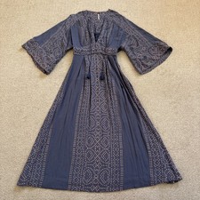 Free People Modern Kimono Dress Flutter Sz 0 Denim Combo Blue Lace Up Maxi Boho