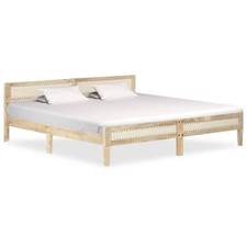 Bed Frame Solid Mango Wood Natural Finish Cotton Upholstery 200 x 200 cm 32cmGap
