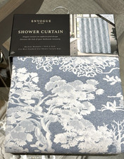 ENVOGUE Fabric Shower Curtain Floral White Blue Cotton Blend NEW