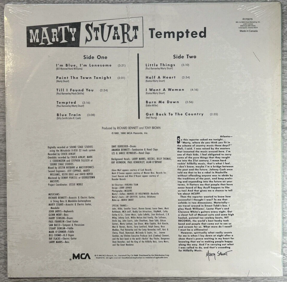 New / Sealed MARTY STUART "Tempted" LP 1991 Club MCA Records – R170076 Canada - Image 2 of 2