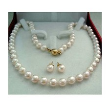 8-9mm Round White Akoya Cultured Pearl 14K Gold Stud Earrings + Necklace 18" AAA