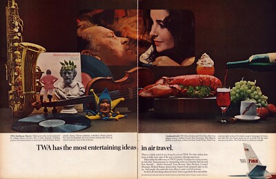 1965 TWA Airlines TWO PAGE Print Ad Richard And Liz Taylor Luxury Lobster Dinner