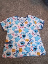 COOKIE MONSTER SESAME STREET WOMEN'S SCRUB TOP L LARGE VERY GENTLY WORN
