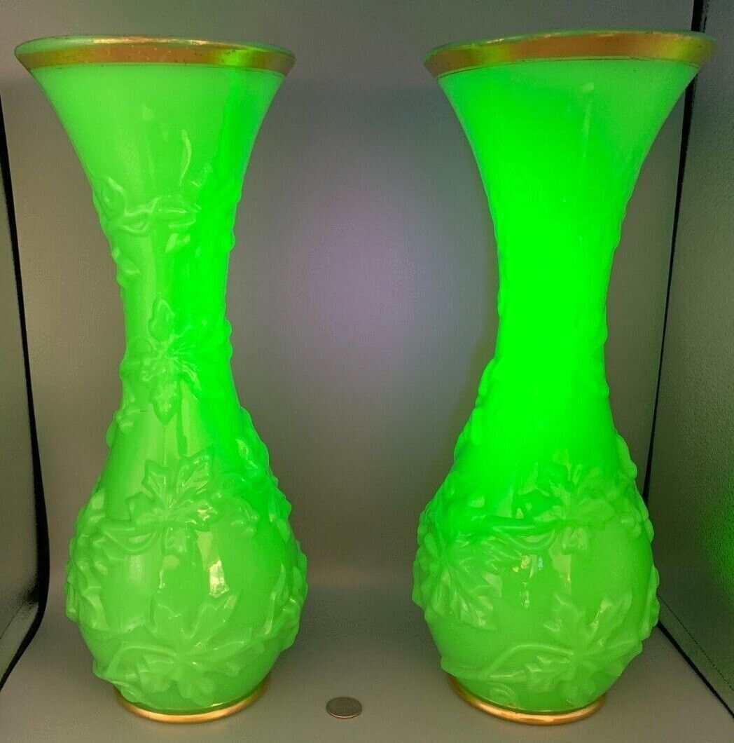 BACCARAT URANIUM GLASS VASES UV GLOW GREEN OPALINE GILT ART