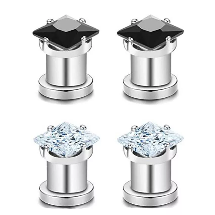 Pair stainless steel square diamond ear plugs flesh tunnel
