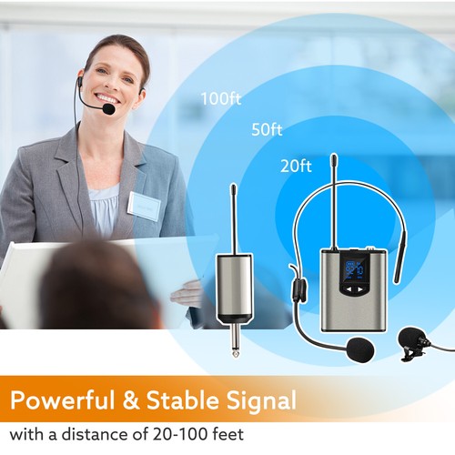 UHF Wireless System with Dual Headset Mic/Lavalier Lapel Mic 96DB LCD Display - Zdjęcie 11 z 12
