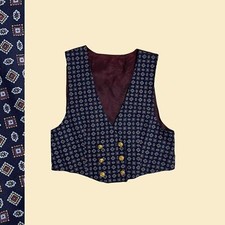 Vintage 70s vest, R.J. Stevens 1970s double breasted blue abstract pattered vest