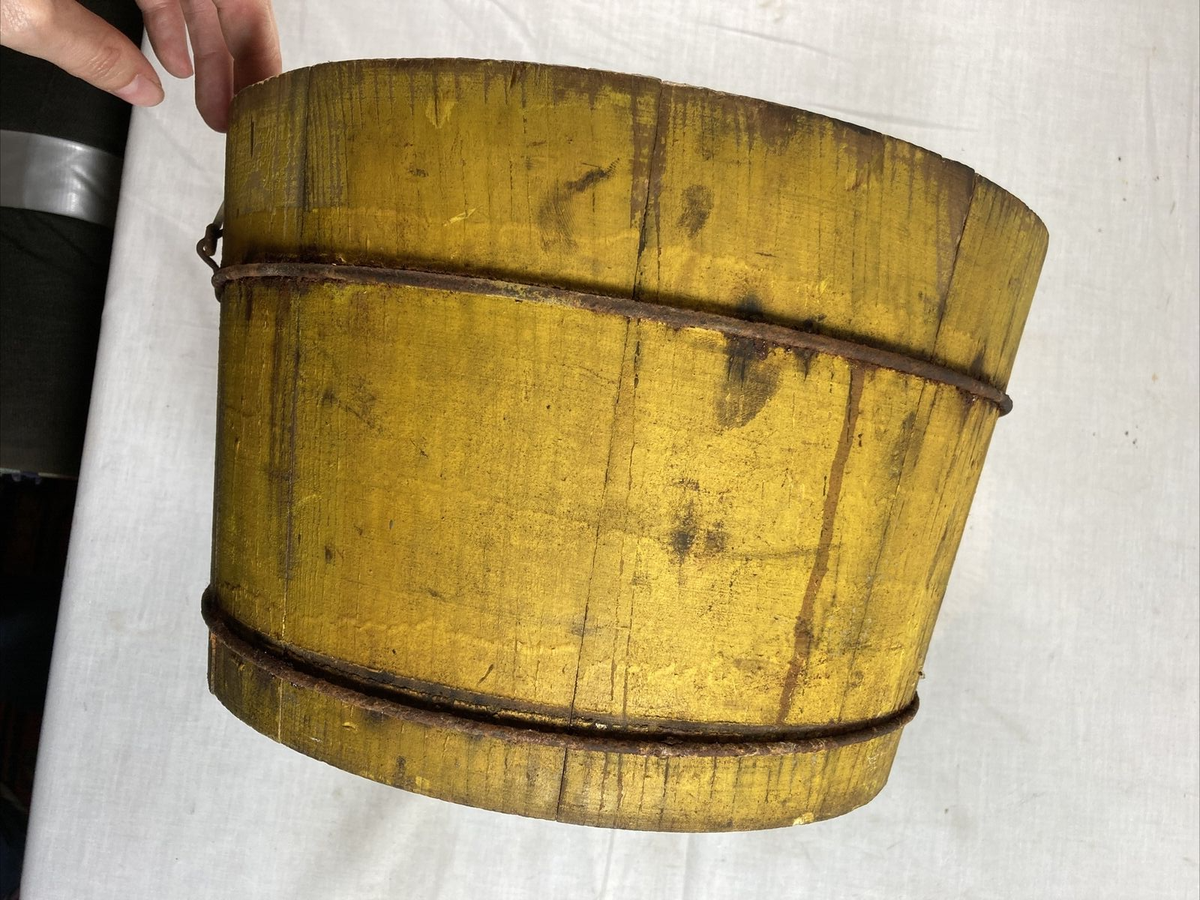 Antique HANDMADE WOOD BUCKET with Original Mustard Yellow Paint | eBay