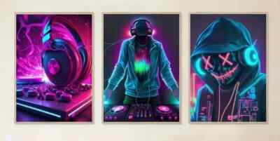 MUSIK Gamer Leinwandbild Bilder groß VIRTUELL PC NEON DJ DECKS KOPFHÖRER PS5
