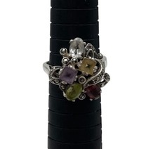 Amethyst Garnet Peridot Aquamarine Marcasite 925 Sterling Silver Ring Size 7.5
