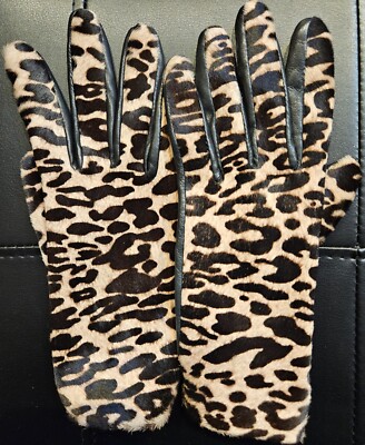 AGNELLE Women's Leather Leopard Gloves Size 6.5