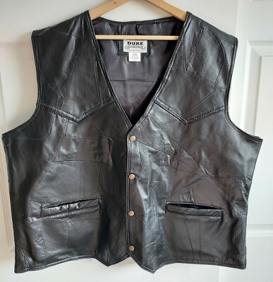 Duke Haband Black Leather Patchwork Moto Biker Vest Size 2XL