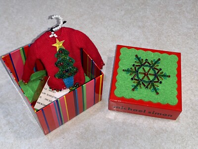 MICHAEL SIMON Tiny Beaded Christmas Tree Sweater Ornament & Designer Box New