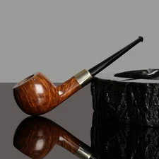 MUXIANG Handmade Briar Smooth Tobacco Pipe Straight Vulcanite Stem Silver Band