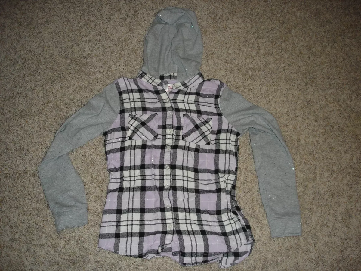 Justice button up purple plaid flannel hooded hood girls 14 shirt hoodie
