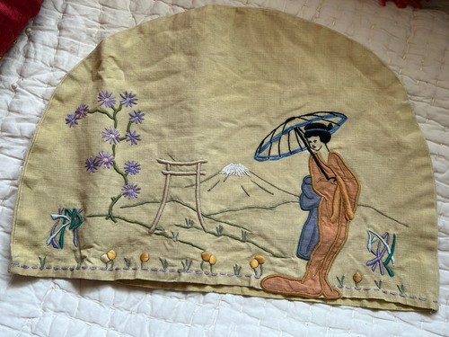 Vintage Embroidered Linen Tea Cosy Japanese Chinese Geisha Lady