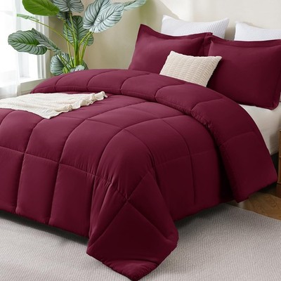 CozyLux Queen Comforter Set  Burgundy Comforters Queen Size, 3 Pieces Box Sti...