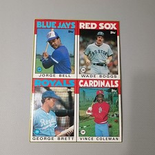 Caja de cera de béisbol Topps 1986 panel inferior tarjetas sin cortar Brett Boggs Bell Coleman