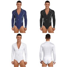 Mens Bodysuit Straplers Dancewear Rhinestone Jumpsuit Patchwork Dance Clothing