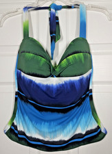 Tommy Bahama Halter Tankini Top Medium Blue Green White Abstract Stripe Swimwear