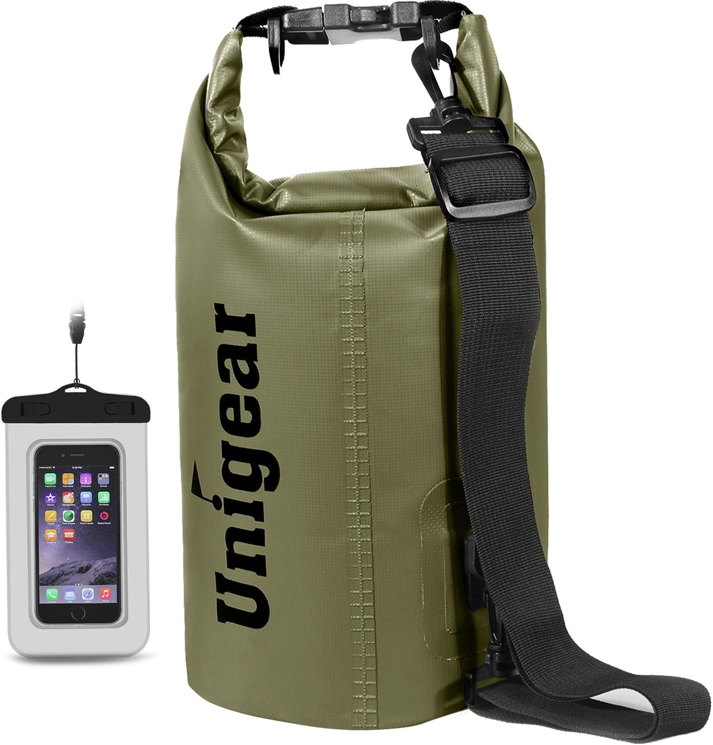 30L Waterproof Dry Bag Roll Top with Phone Case Adjustable Shoulder Strap Army