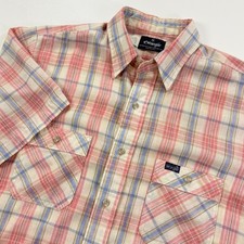 Vintage 70s Wrangler Western Shirt Men M Plaid Pink USA Bias Pocket Short Sleeve