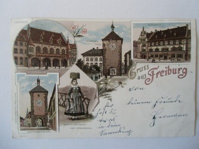 Postcard Freiburg 1897 department store costume town hall gate Schwabentor