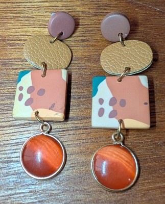 Boho Polymer Clay Drop Earrings 3'' Earth Tones Dangle Pierced Peach Stone Gold