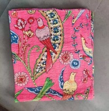 Indian Block Pink Floral Kantha Quilt,Blanket Cotton King Size Bedspread Throw