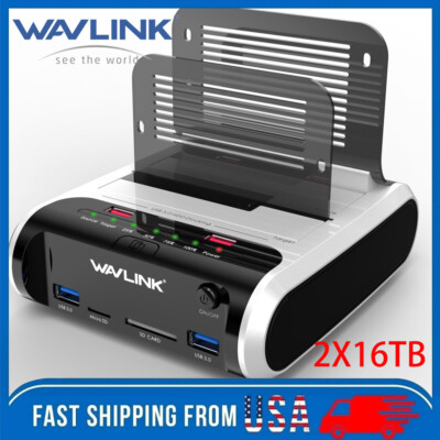 USB3.0 to SATA Dual Bay External Hard Drive Enclosure SSD HDD SD Reader Offline