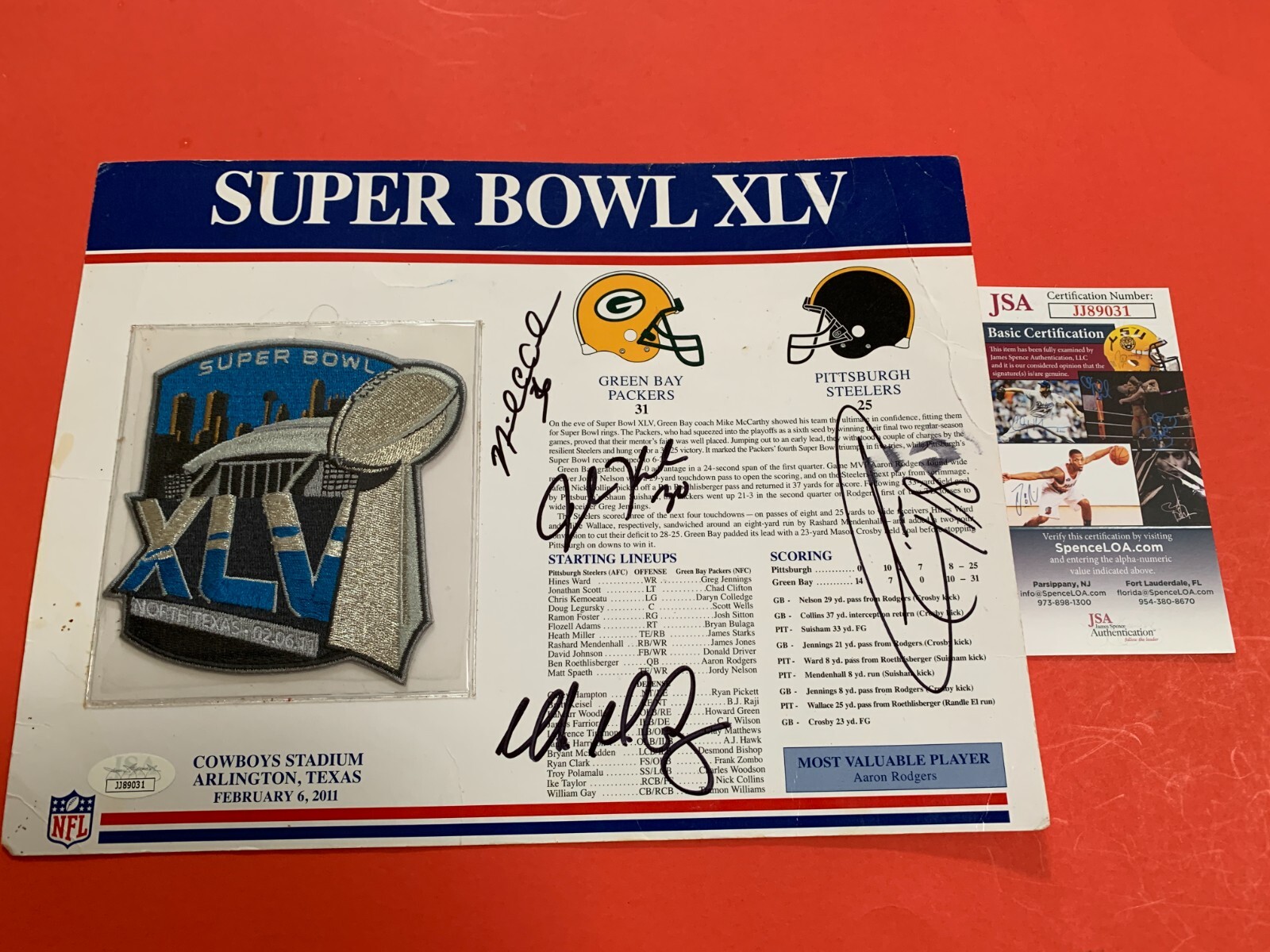 Hines Ward + 4 Signed Auto 9x12 Super Bowl XLV Logo Patch JSA COA 