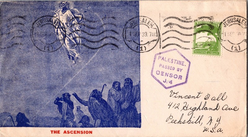 1939 Palestine Jerusalem Passed by Censor Ascension Cover to USA NY Peekskill