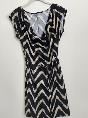 Black Beige Chevron Dress Drape Neck Size M Stretch Knit Sheath by Acclaimed