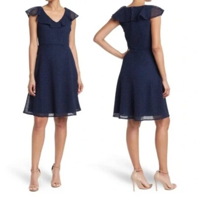 NWT DRAPER JAMES $175 Heart Lace Flounce Shoulder A-Line Dress in Navy Size 6