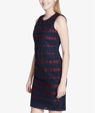 Calvin Klein Sheath Scuba Dress Lace Crochet Overlay Navy Purple Women’s Size 8