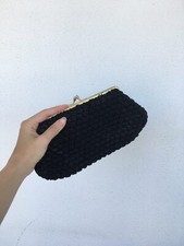 Vintage Black Woven Top Handle Clutch Handbag Purse