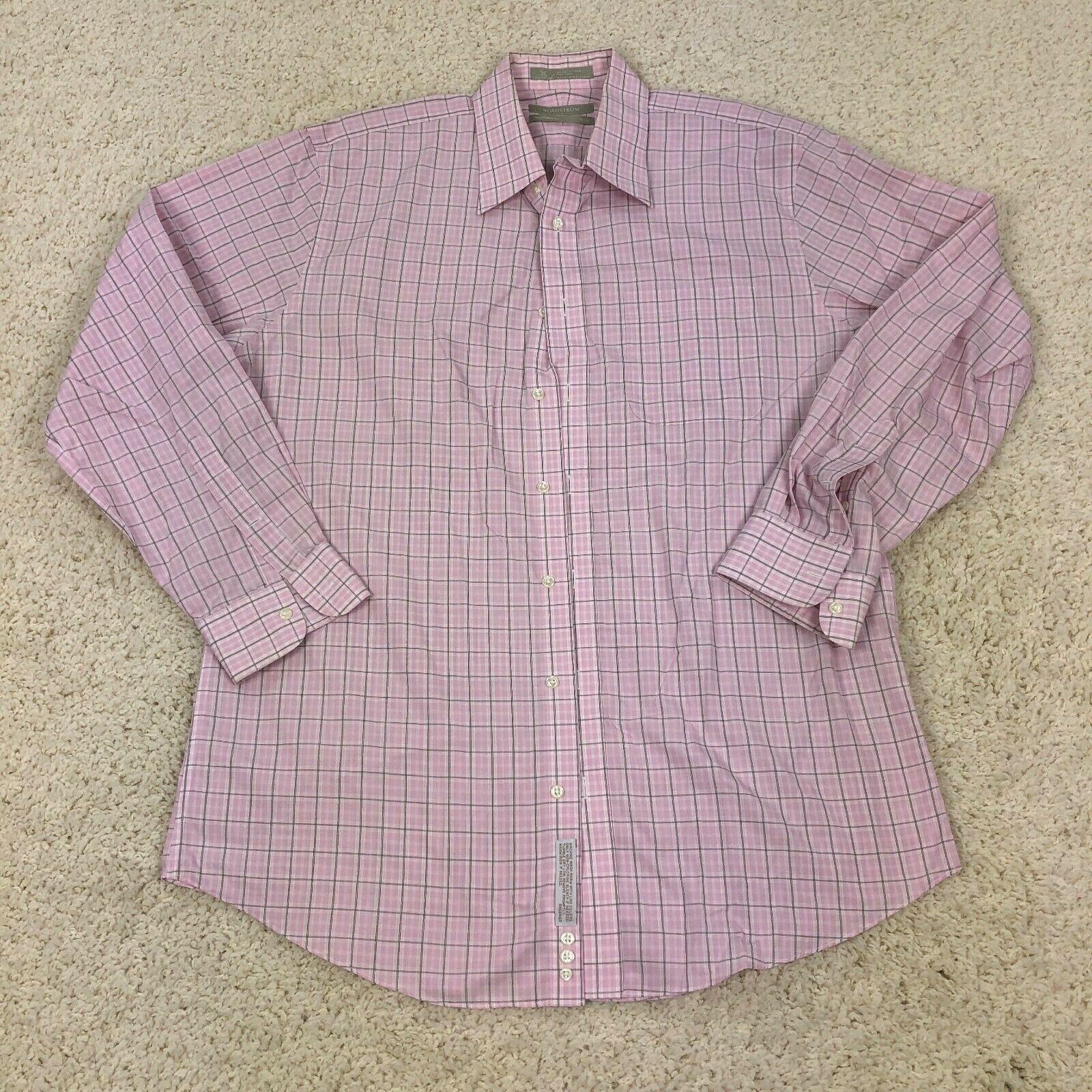 Nordstrom Button Up Shirt 16 / 34 Pink Plaid Long Sleeve Cotton Casual Mens C2