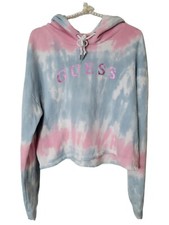 GUESS Sz L Women's Fleece Tie Dye Foil Logo Cropped Pullover Hoodie Pink  Blue