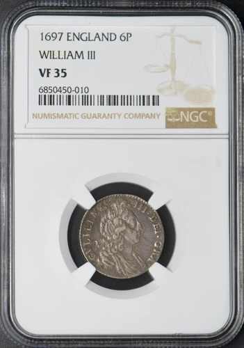 1697 England Silver 6 Pence - NGC VF35 - WILLIAM III - ✪COINGIANTS✪