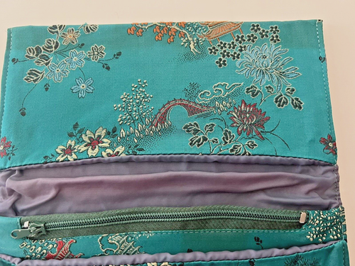 Vintage asiatische grüne bestickte Blumen Seide Geldbörse innen Reißverschluss & Münzbörse - Bild 7 von 17