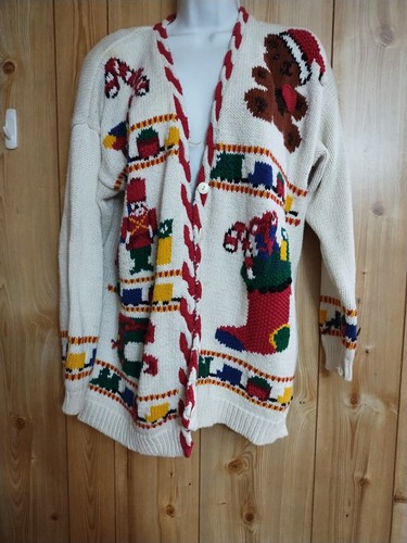 Vintage Westbound Christmas Women White Buttons Teddy Bear Patchwork Cardigan 1X - Picture 7 of 14