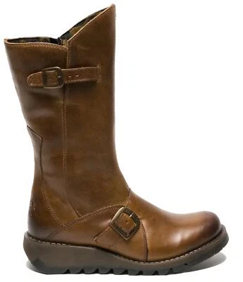 Fly London Femmes Chameau Mes 2 Bottes Compensé Talon Boucle mi-Mollet Cuir Zip - Photo 1/4