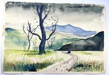 Vtg Watercolor Folk Art Painting Lone Rural Car Driving Down Dirt Road 15x22”